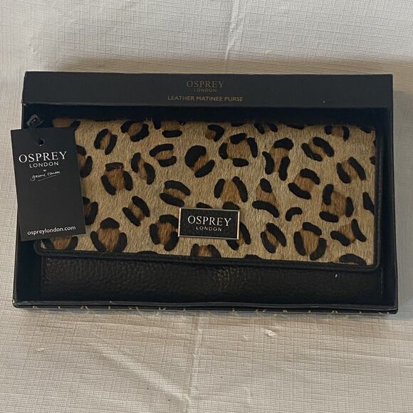 OSPREY LONDON JULIA LARGE MATINEE LEOPARD BLACK LEATHER WALLET NWT - Picture 1 of 8
